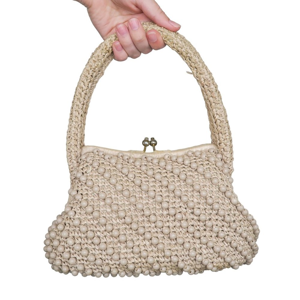 Vintage 70s Jordan Marsh Crochet Raffia Kisslock Satchel Handbag